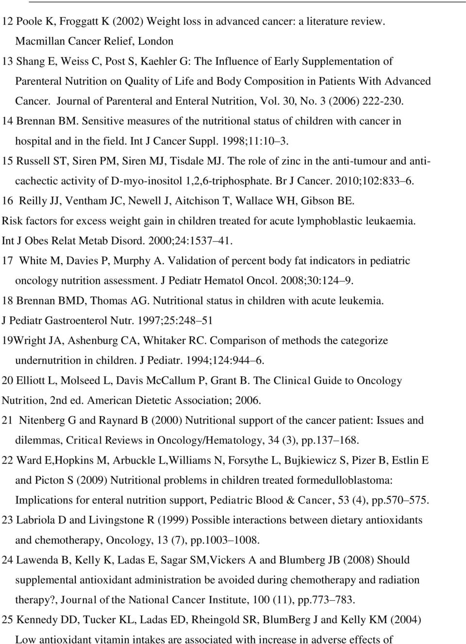 Advanced Cancer. Journal of Parenteral and Enteral Nutrition, Vol. 30, No. 3 (2006) 222-230. 14 Brennan BM.