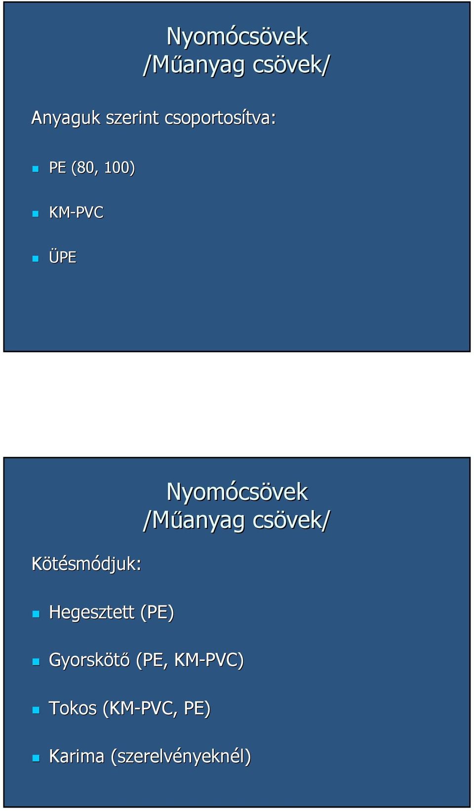 Hegesztett (PE) Gyorskötő (PE, KM-PVC) Tokos (KM-PVC,