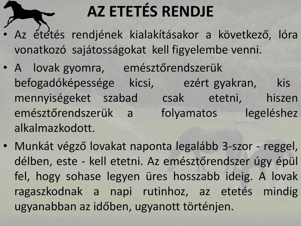 a folyamatos legeléshez alkalmazkodott. Munkát végző lovakat naponta legalább 3-szor - reggel, délben, este - kell etetni.