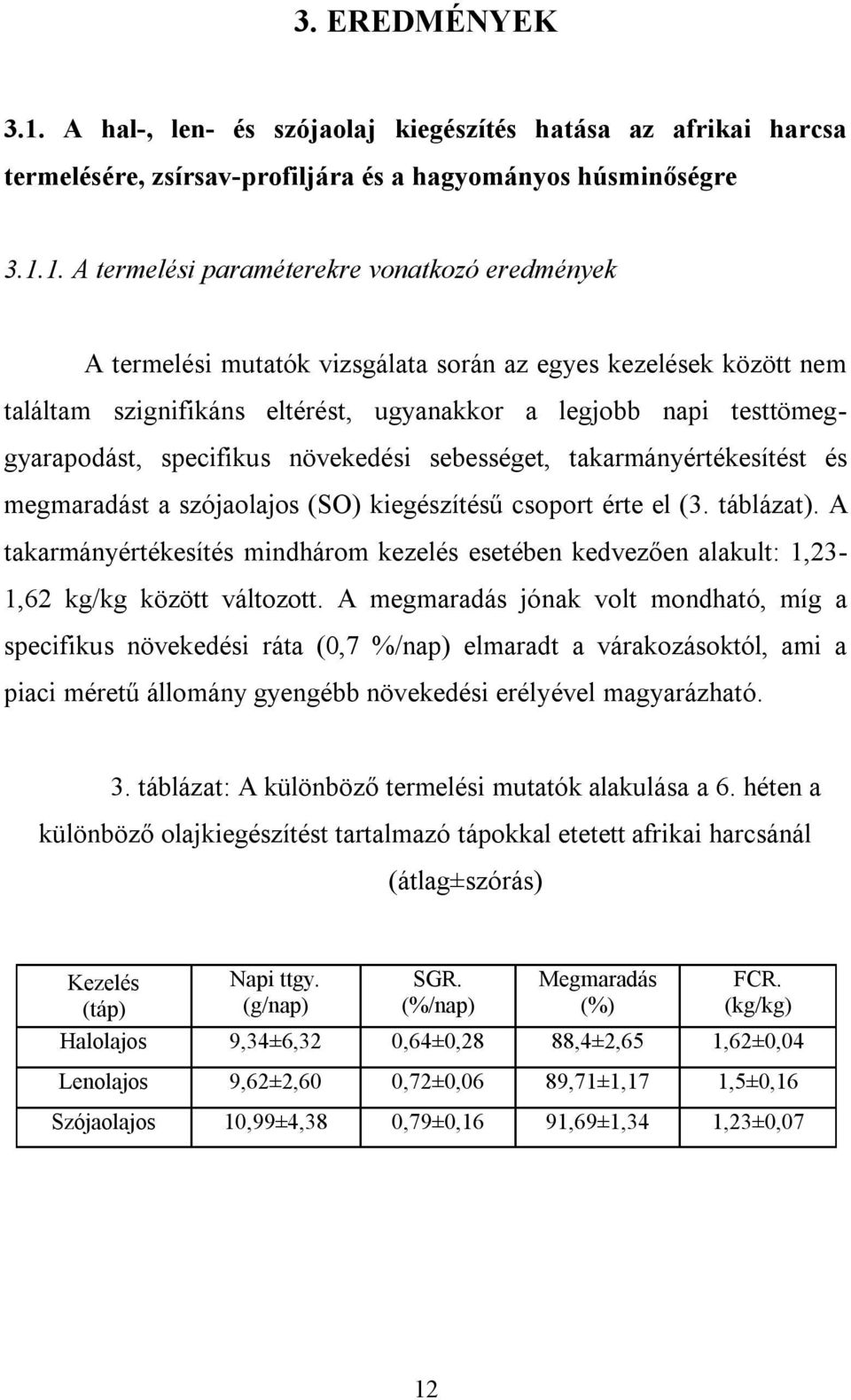 1. A termelési paraméterekre vonatkozó eredmények A termelési mutatók vizsgálata során az egyes kezelések között nem találtam szignifikáns eltérést, ugyanakkor a legjobb napi testtömeggyarapodást,