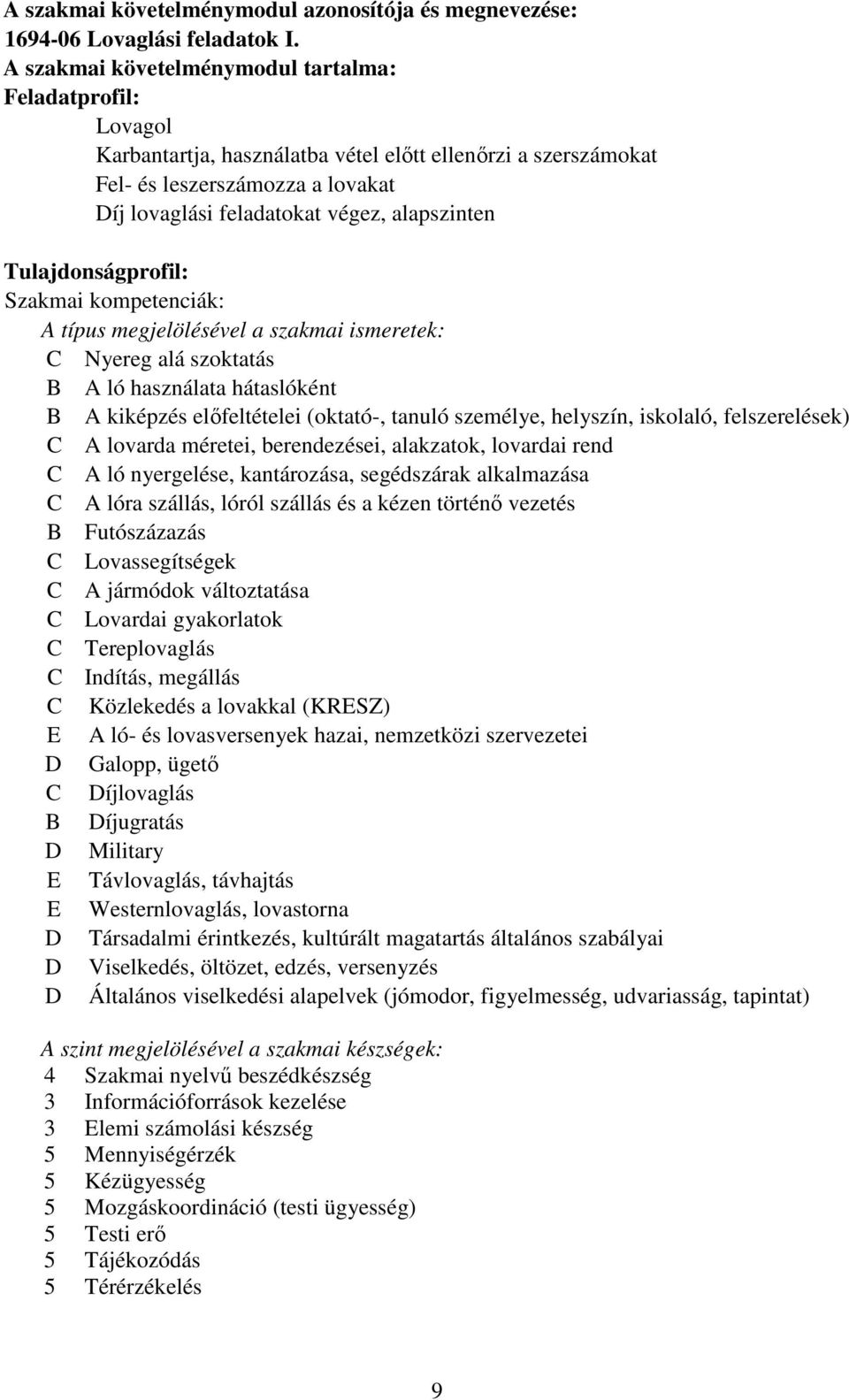 Tulajdonságprofil: Szakmai kompetenciák: A típus megjelölésével a szakmai ismeretek: Nyereg alá szoktatás A ló használata hátaslóként A kiképzés előfeltételei (oktató-, tanuló személye, helyszín,