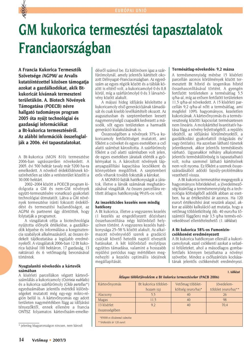 Biotech Növények Támogatása (POECB) névre hallgató tudományos program 2005 óta nyújt technológiai és gazdasági információkat a Bt-kukorica termesztésérôl. Az alábbi információk összefoglalják a 2006.