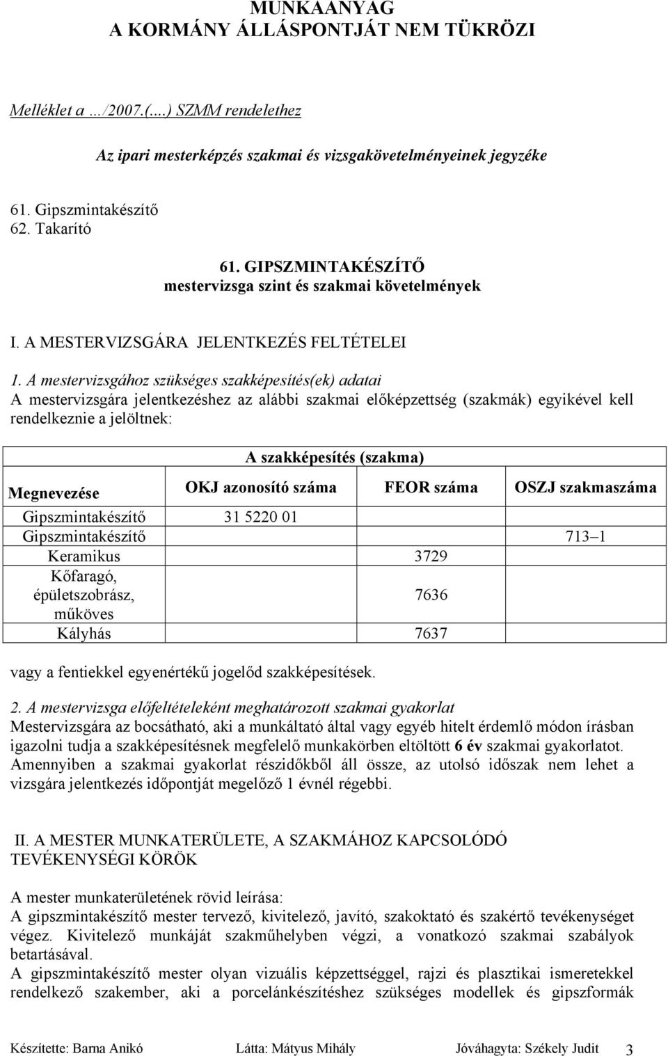 A mestervizsgához szükséges szakképesítés(ek) adatai A mestervizsgára jelentkezéshez az alábbi szakmai előképzettség (szakmák) egyikével kell rendelkeznie a jelöltnek: A szakképesítés (szakma)