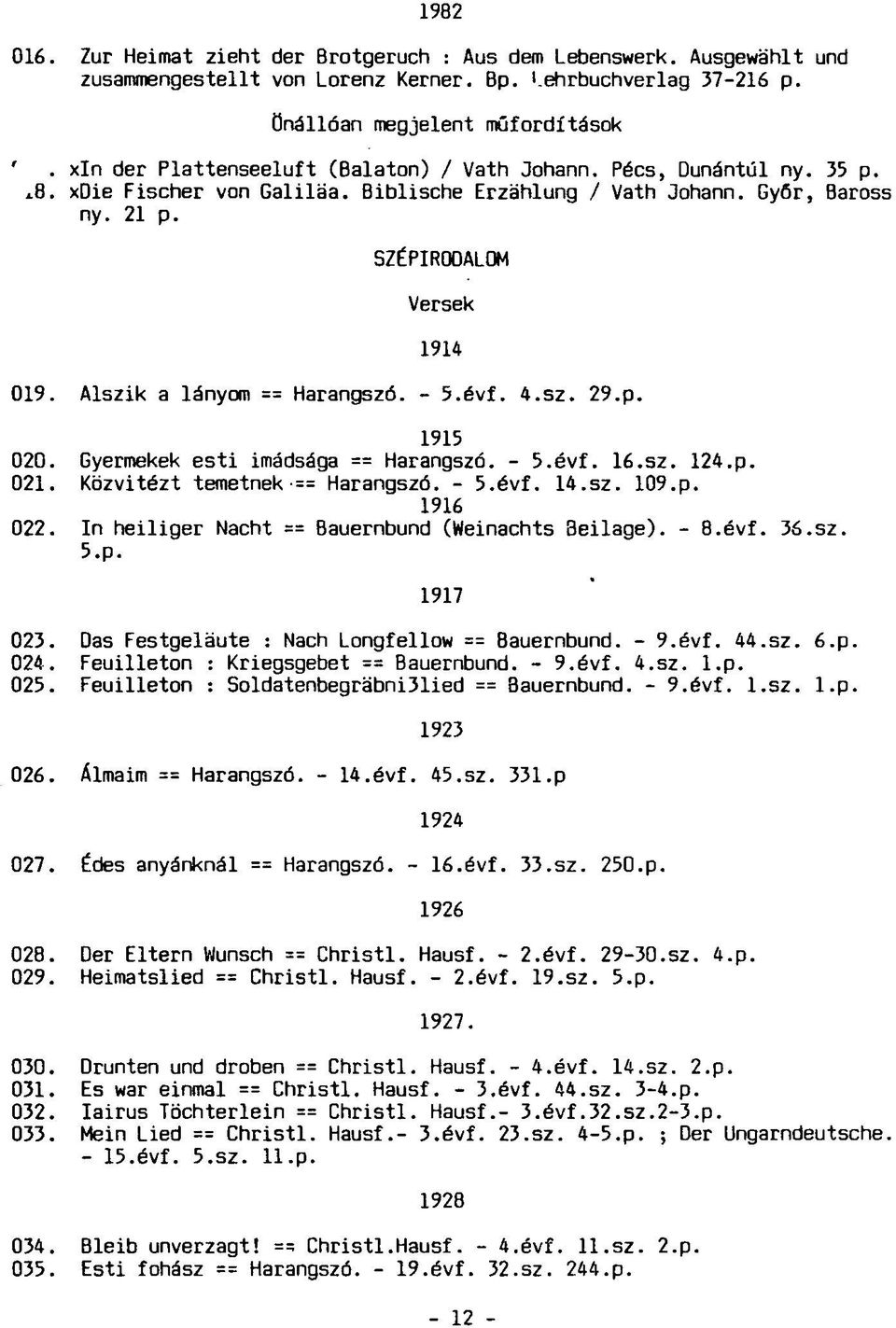 Alszik a lányom == Harangszó. - 5.évf. 4.sz. 29.p. 1915 020. Gyermekek esti imádsága == Harangszó. - 5.évf. 16.sz. 124.p. 021. Közvitézt temetnek == Harangszó. - 5.évf. 14.sz. 109.p. 1916 022.