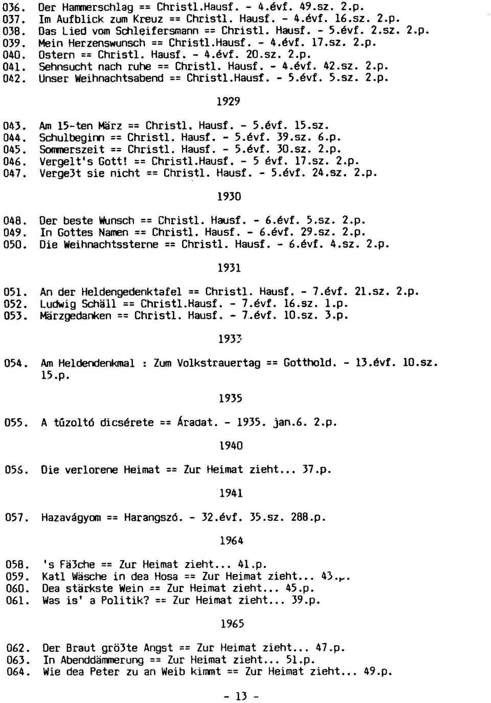 Unser Weihnachtsabend == Christi.Hausf. - 5.évf. 5.sz. 2.p. 1929 043. Am 15-ten März == Christi. Hausf. - 5.évf. 15.sz. 044. Schulbeginn == Christi. Hausf. - 5.évf. 39.sz. 6.p. 045.