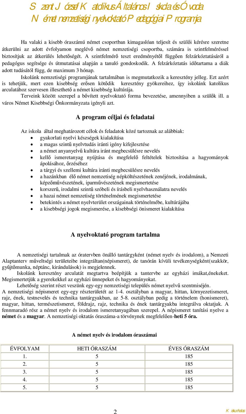 A felzárkóztatás időtartama a diák adott tudásától függ, de maximum 3 hónap. Iskolánk nemzetiségi programjának tartalmában is megmutatkozik a keresztény jelleg.