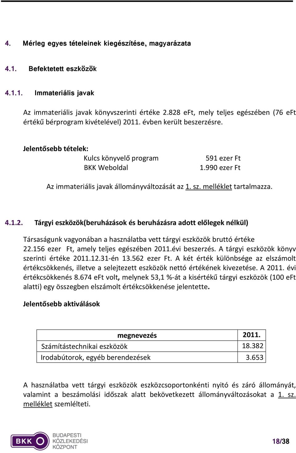 990 ezer Ft Az immateriális javak állományváltozását az 1. sz. melléklet tartalmazza. 4.1.2.