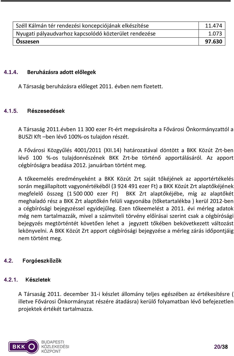 A Fővárosi Közgyűlés 4001/2011 (XII.14) határozatával döntött a BKK Közút Zrt-ben lévő 100 %-os tulajdonrészének BKK Zrt-be történő apportálásáról. Az apport cégbíróságra beadása 2012.