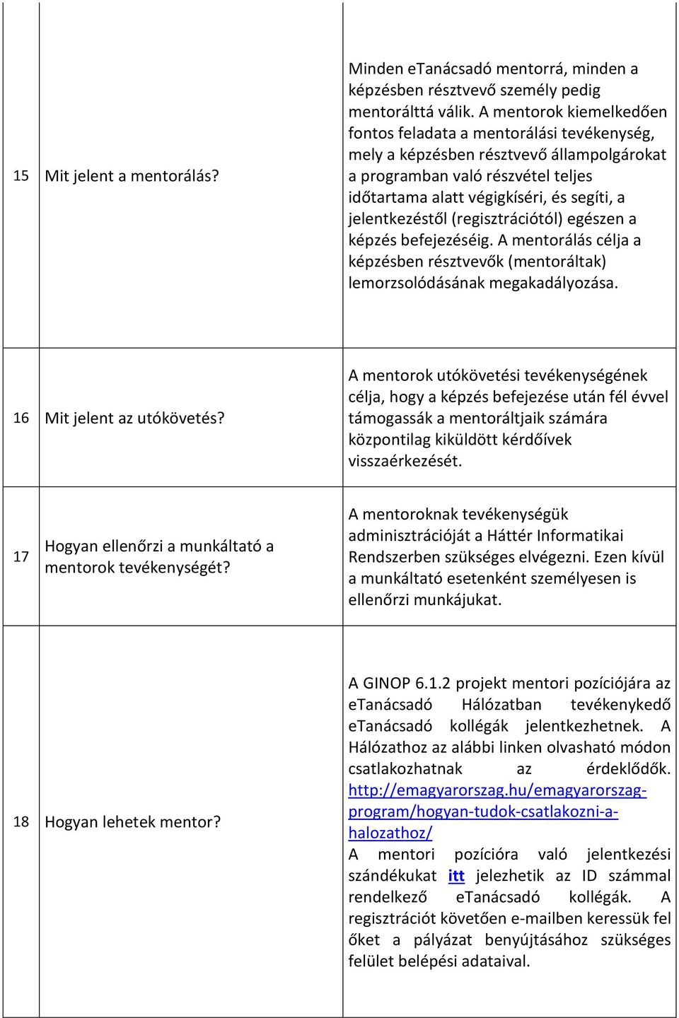 jelentkezéstől (regisztrációtól) egészen a képzés befejezéséig. A mentorálás célja a képzésben résztvevők (mentoráltak) lemorzsolódásának megakadályozása. 16 Mit jelent az utókövetés?