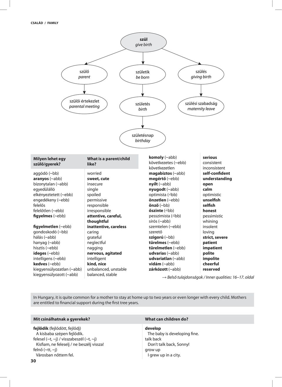 (~abb) hisztis (~ebb) ideges (~ebb) intelligens (~ebb) kedves (~ebb) kiegyensúlyozatlan (~abb) kiegyensúlyozott (~abb) What is a parent/child like?