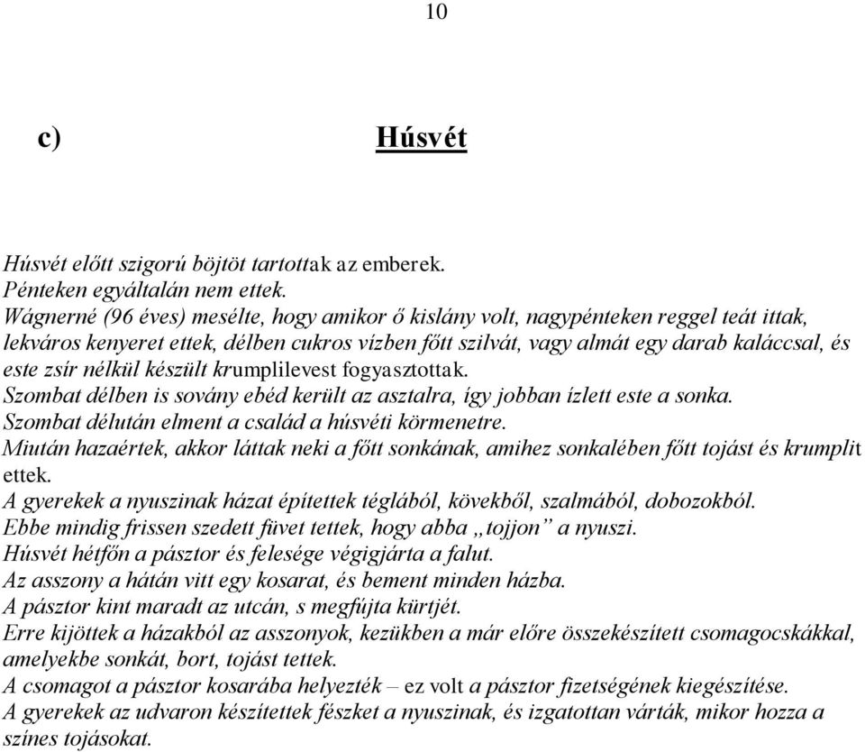 készült krumplilevest fogyasztottak. Szombat délben is sovány ebéd került az asztalra, így jobban ízlett este a sonka. Szombat délután elment a család a húsvéti körmenetre.