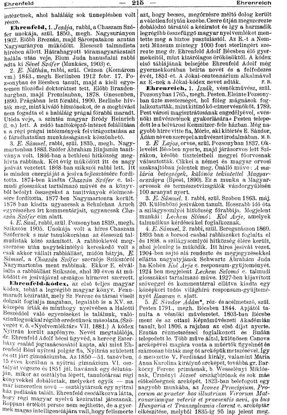 Hátrahagyott tóramagyarázatait halála után veje, Blum Juda hanusfalui rabbi adta ki Sévet Szófer (Munkács, 1903) c. 2. E- Náthán, rabbi, szül. Csúzon (Komárom vm.) 1843., megh. Berlinben 1912 febr.