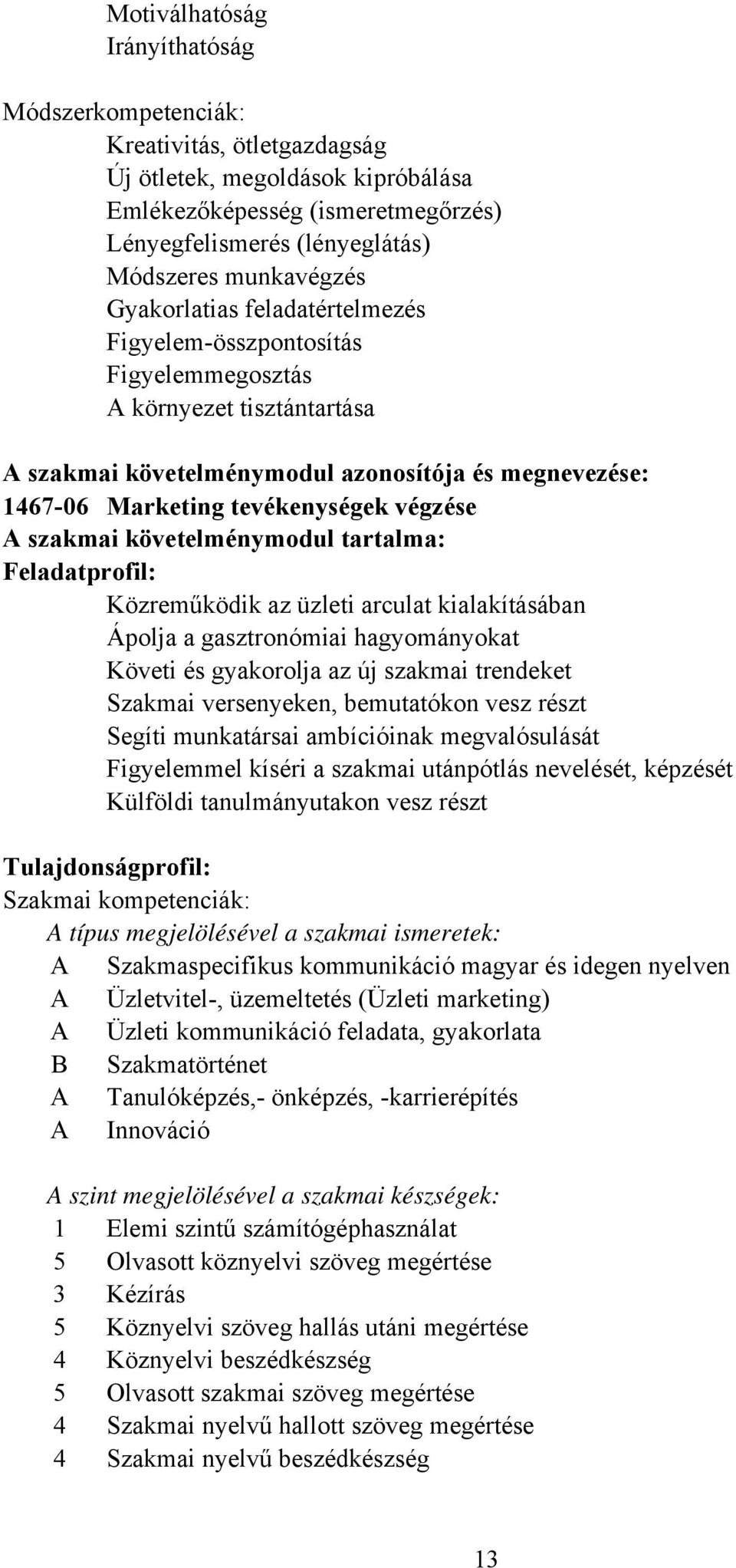 végzése A szakmai követelménymodul tartalma: Feladatprofil: Közreműködik az üzleti arculat kialakításában Ápolja a gasztronómiai hagyományokat Követi és gyakorolja az új szakmai trendeket Szakmai