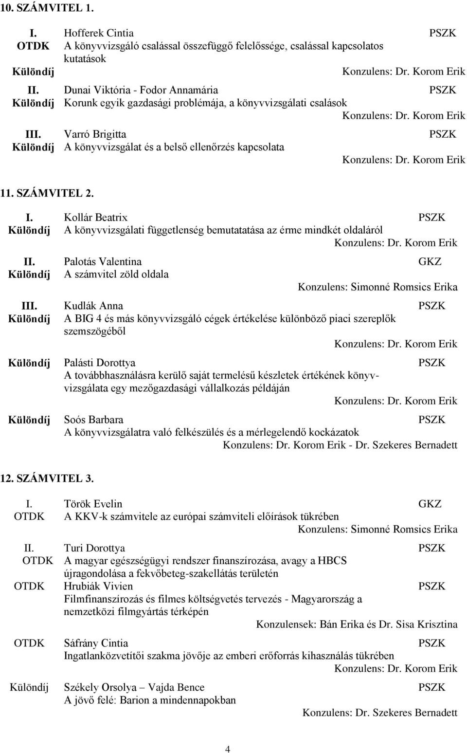 SZÁMVITEL 2. I. Kollár Beatrix PSZK Különdíj A könyvvizsgálati függetlenség bemutatatása az érme mindkét oldaláról II.