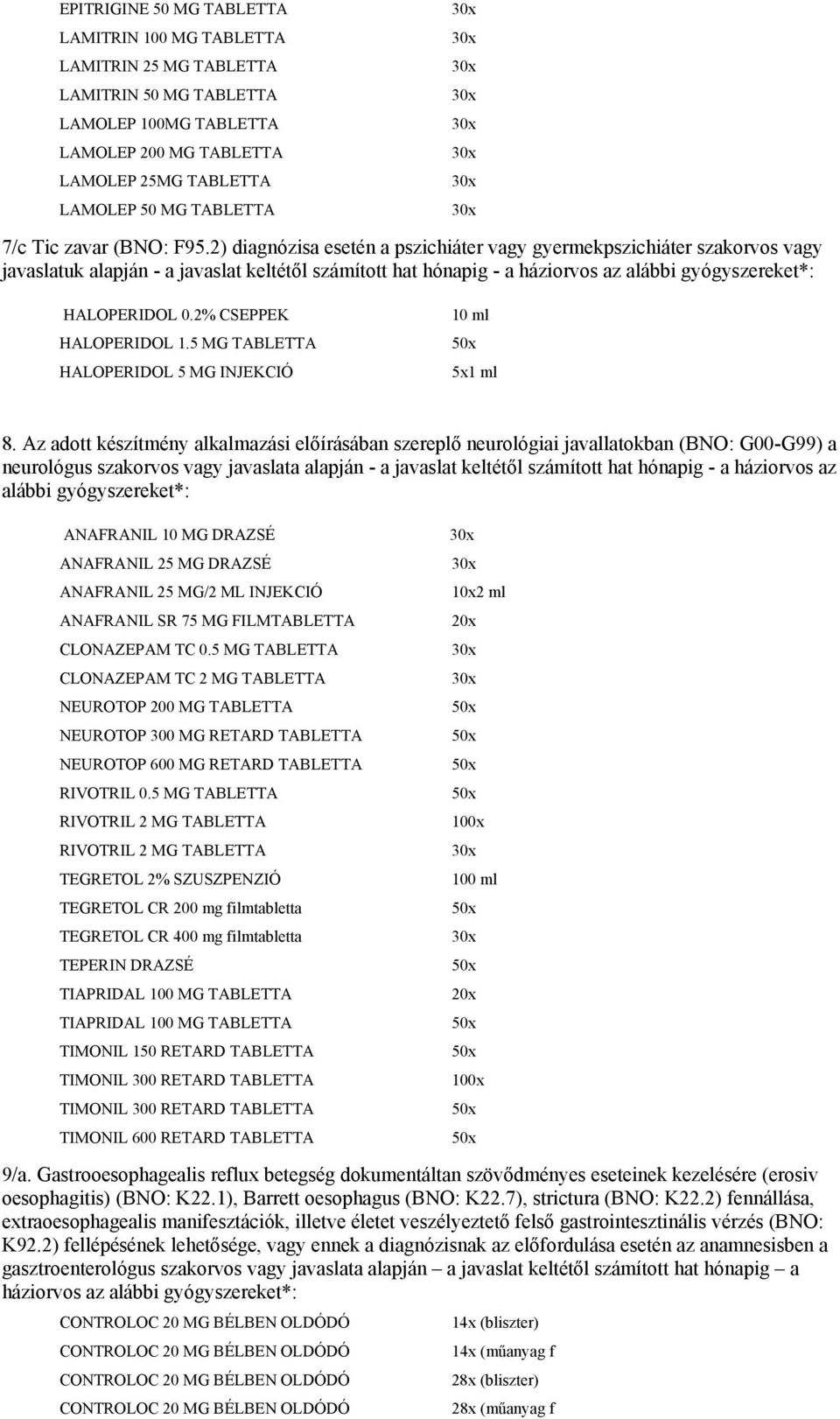 2) diagnózisa esetén a pszichiáter vagy gyermekpszichiáter szakorvos vagy javaslatuk alapján - a javaslat keltétől számított hat hónapig - a háziorvos az alábbi gyógyszereket*: HALOPERIDOL 0.