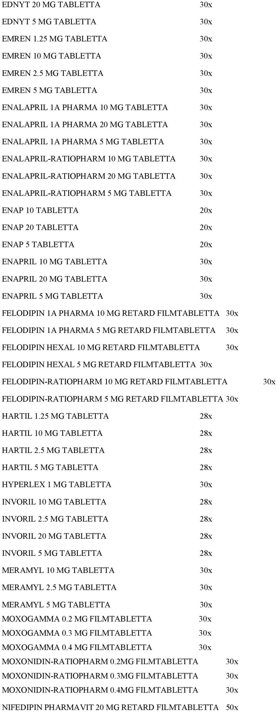 MG TABLETTA ENALAPRIL-RATIOPHARM 5 MG TABLETTA ENAP 10 TABLETTA ENAP 20 TABLETTA ENAP 5 TABLETTA ENAPRIL 10 MG TABLETTA ENAPRIL 20 MG TABLETTA ENAPRIL 5 MG TABLETTA FELODIPIN 1A PHARMA 10 MG RETARD