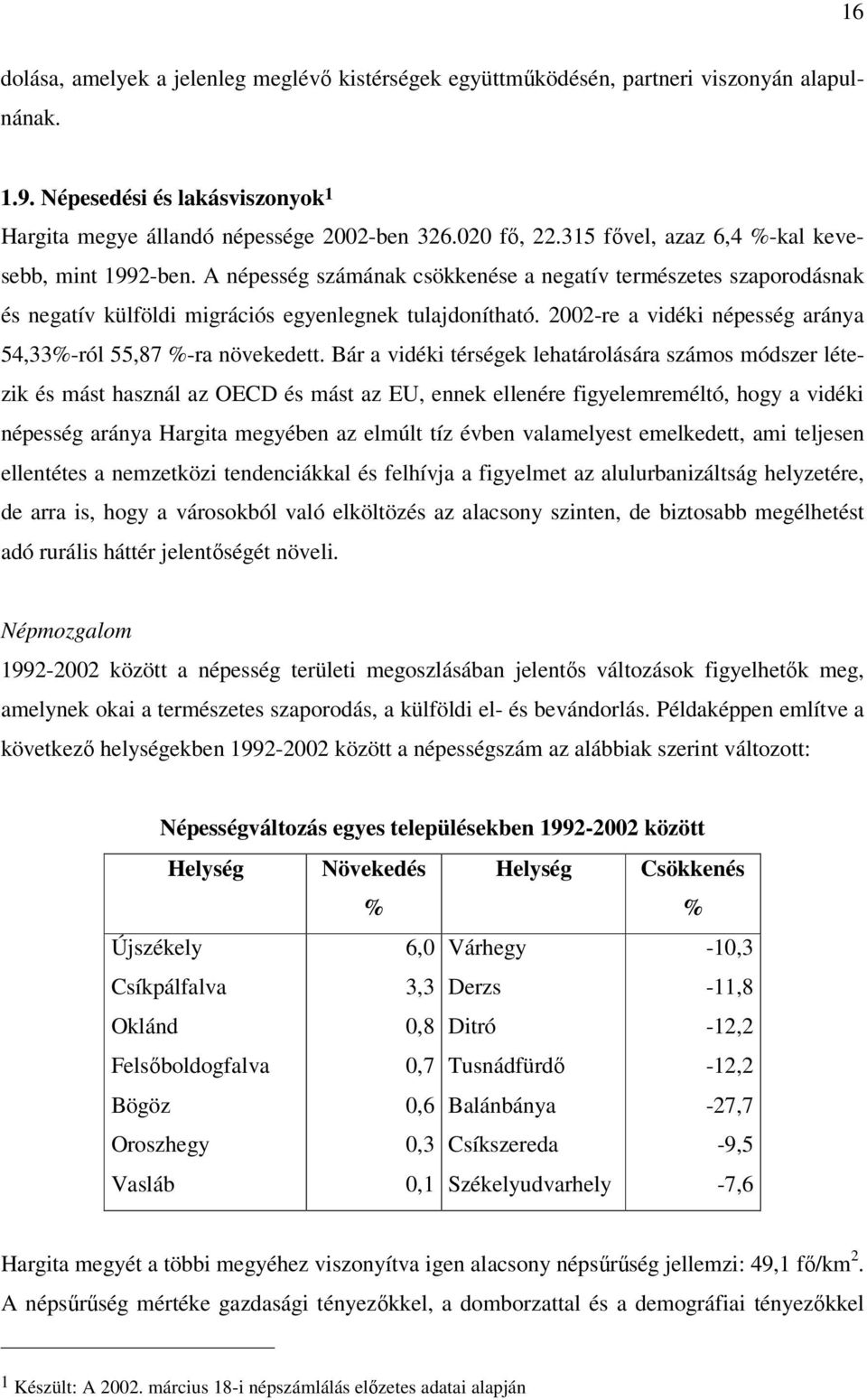 2002-re a vidéki népesség aránya 54,33%-ról 55,87 %-ra növekedett.