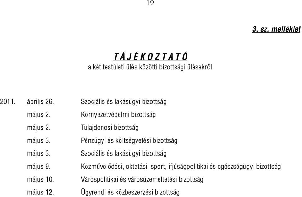 Környezetvédelmi bizottság Tulajdonosi bizottság Pénzügyi és költségvetési bizottság Szociális és lakásügyi bizottság