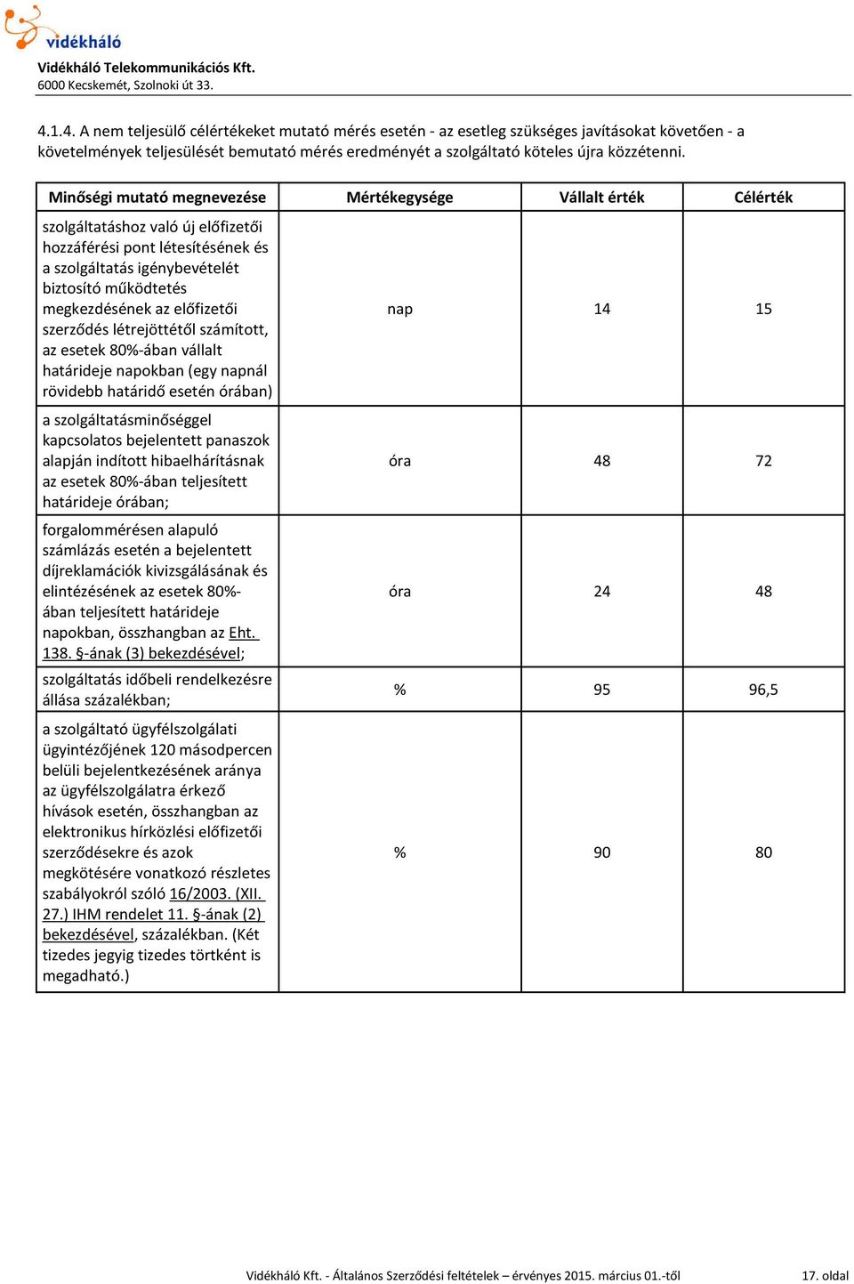 az előfizetői szerződés létrejöttétől számított, az esetek 80%-ában vállalt határideje napokban (egy napnál rövidebb határidő esetén órában) a szolgáltatásminőséggel kapcsolatos bejelentett panaszok