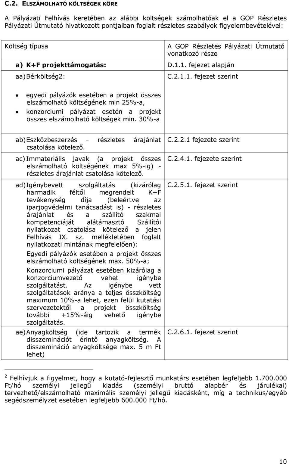 1. fejezet alapján aa)bérköltség2: C.2.1.1. fejezet szerint egyedi pályázók esetében a projekt összes elszámolható költségének min 25%-a, konzorciumi pályázat esetén a projekt összes elszámolható költségek min.