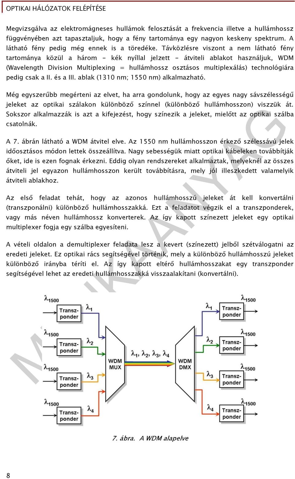 Távközlésre viszont a nem látható fény tartománya közül a három - kék nyíllal jelzett - átviteli ablakot használjuk, WM (Wavelength ivision Multiplexing = hullámhossz osztásos multiplexálás)