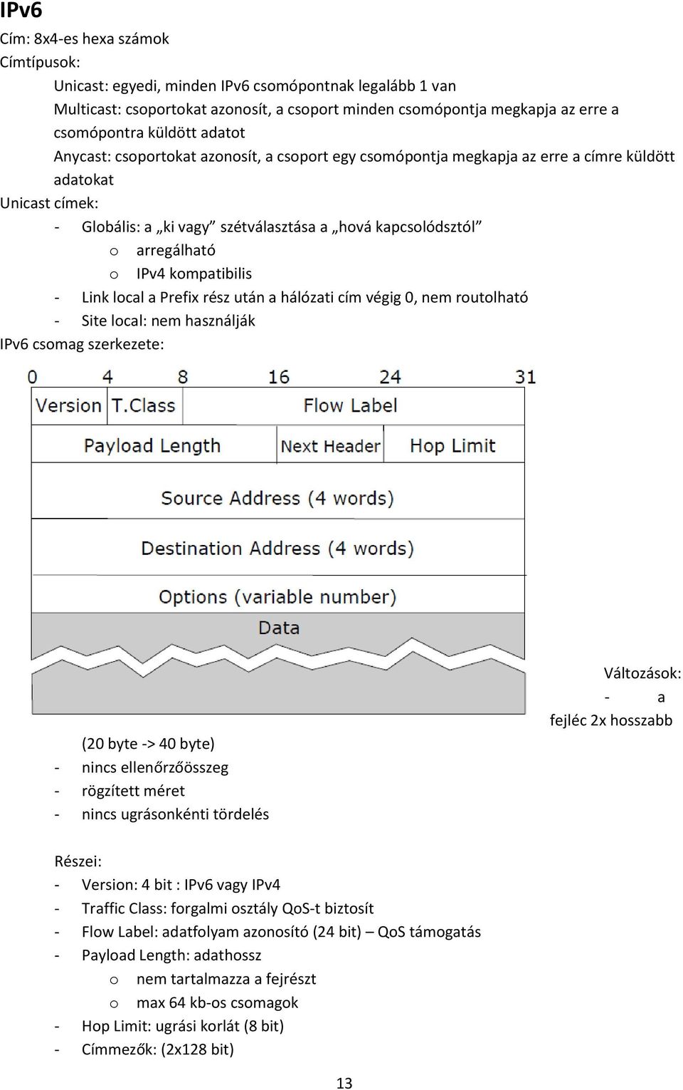 IPv4 kompatibilis - Link local a Prefix rész után a hálózati cím végig 0, nem routolható - Site local: nem használják IPv6 csomag szerkezete: (20 byte -> 40 byte) - nincs ellenőrzőösszeg - rögzített
