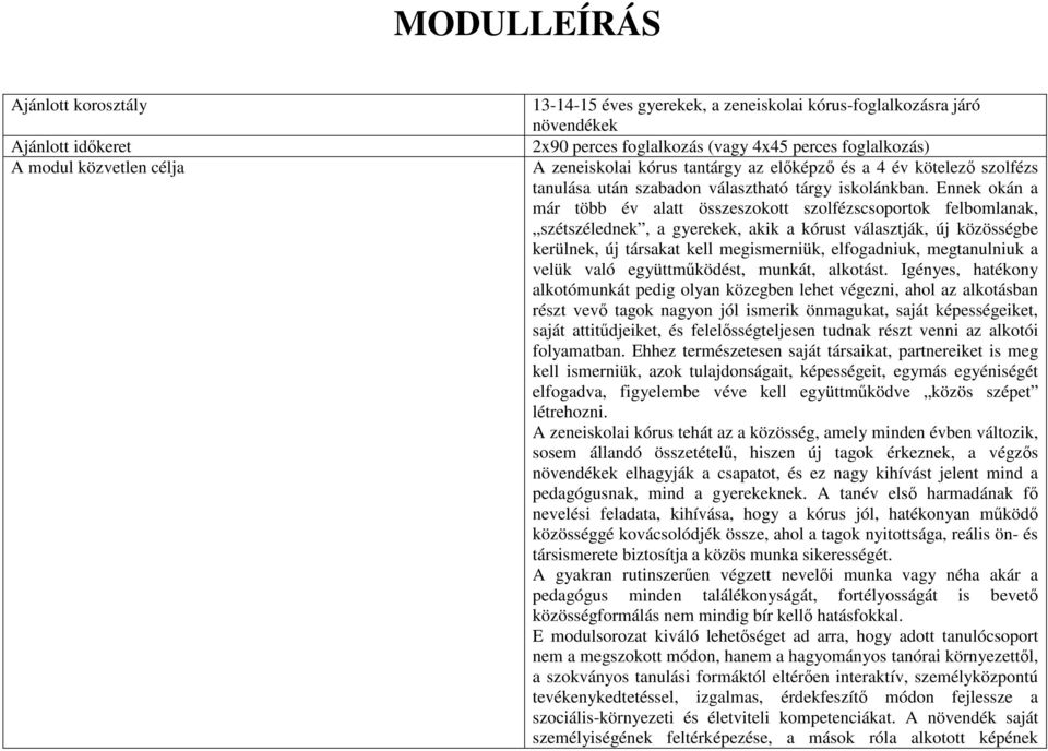 Ennek okán a már több év alatt összeszokott szolfézscsoportok felbomlanak, szétszélednek, a gyerekek, akik a kórust választják, új közösségbe kerülnek, új társakat kell megismerniük, elfogadniuk,