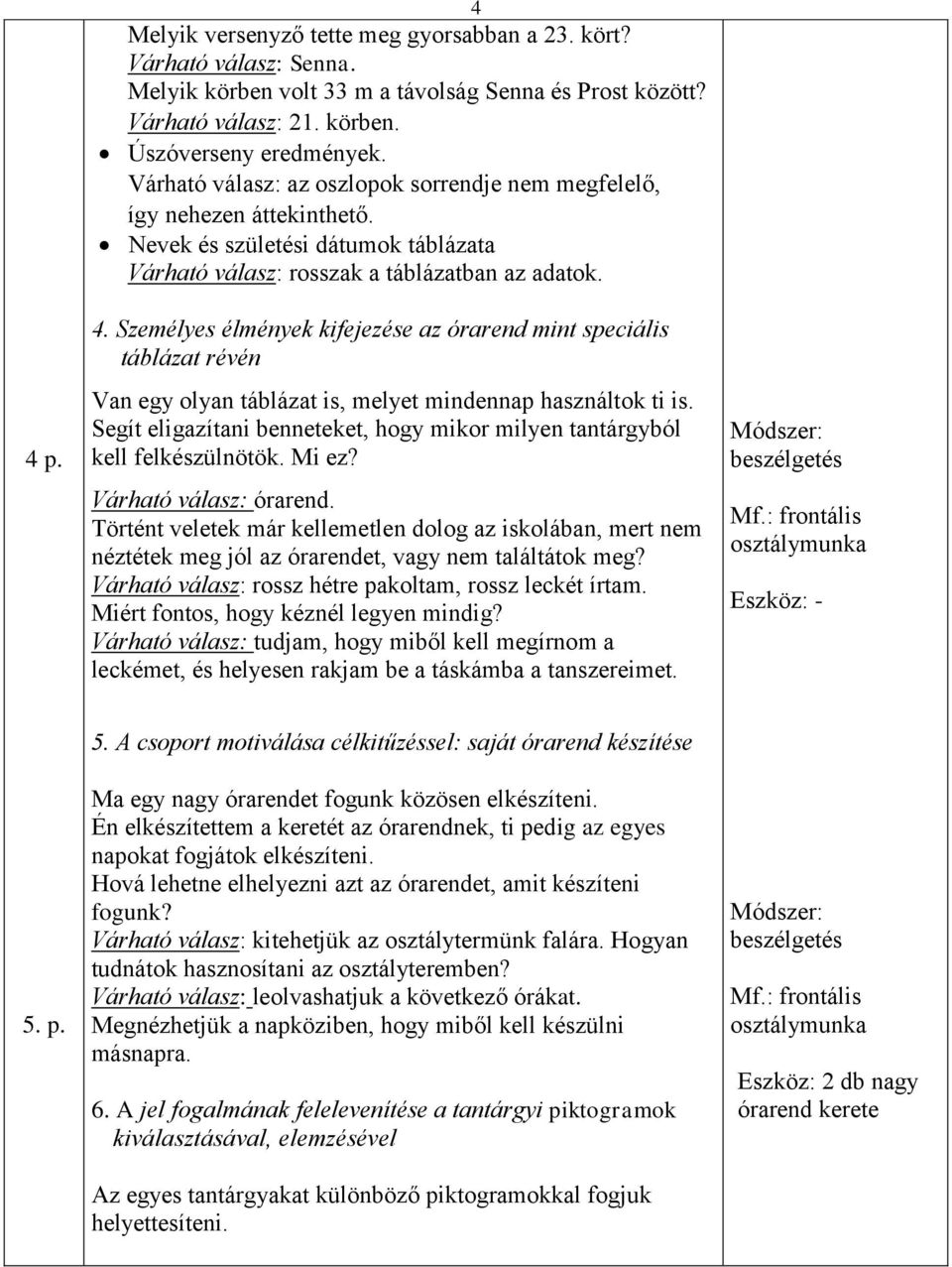 Személyes élmények kifejezése az órarend mint speciális táblázat révén Van egy olyan táblázat is, melyet mindennap használtok ti is.