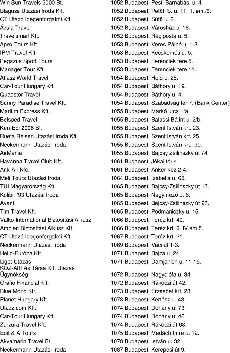 Manager Tour Kft. 1053 Budapest, Ferenciek tere 11. Atlasz World Travel 1054 Budapest, Hold u. 25. Car-Tour Hungary Kft. 1054 Budapest, Báthory u. 19. Quaestor Travel 1054 Budapest, Báthory u. 4.