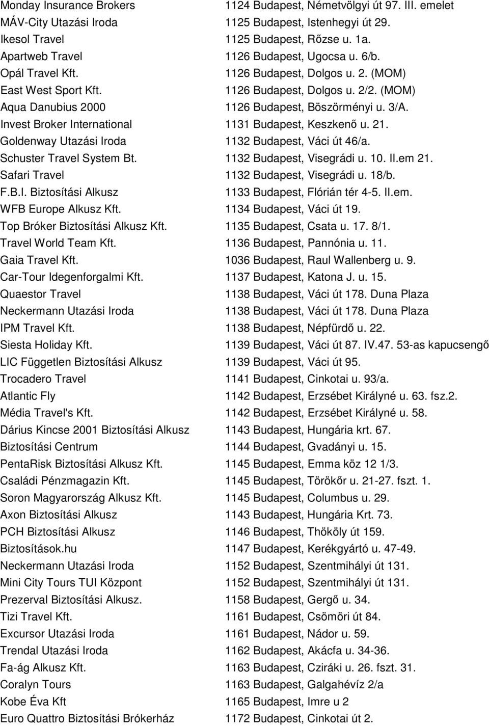 (MOM) Aqua Danubius 2000 1126 Budapest, Böszörményi u. 3/A. Invest Broker International 1131 Budapest, Keszkenő u. 21. Goldenway Utazási Iroda 1132 Budapest, Váci út 46/a. Schuster Travel System Bt.