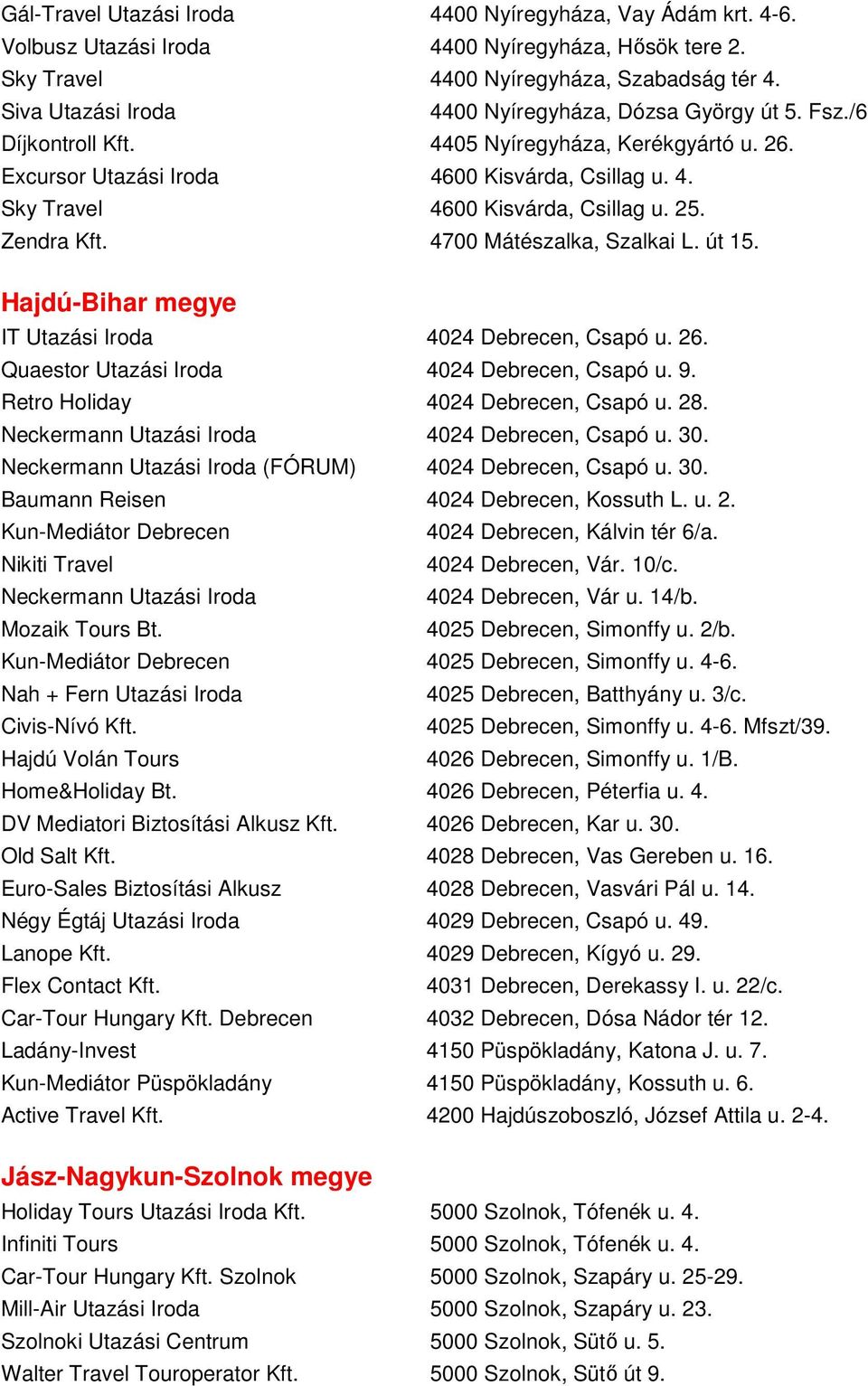 25. Zendra Kft. 4700 Mátészalka, Szalkai L. út 15. Hajdú-Bihar megye IT Utazási Iroda 4024 Debrecen, Csapó u. 26. Quaestor Utazási Iroda 4024 Debrecen, Csapó u. 9.