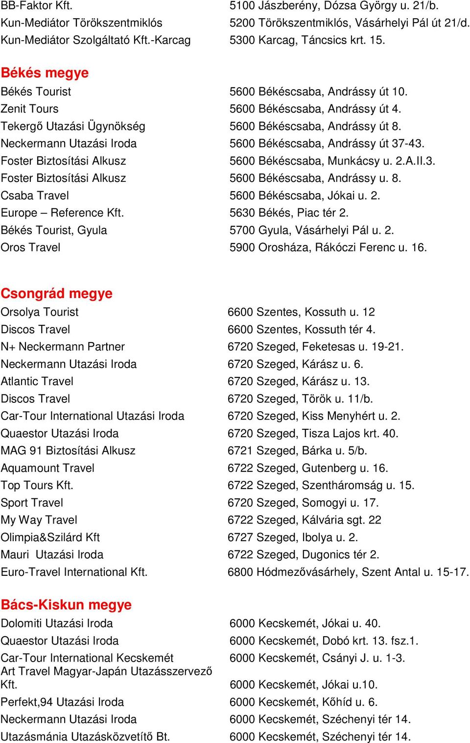 Neckermann Utazási Iroda 5600 Békéscsaba, Andrássy út 37-43. Foster Biztosítási Alkusz 5600 Békéscsaba, Munkácsy u. 2.A.II.3. Foster Biztosítási Alkusz 5600 Békéscsaba, Andrássy u. 8.