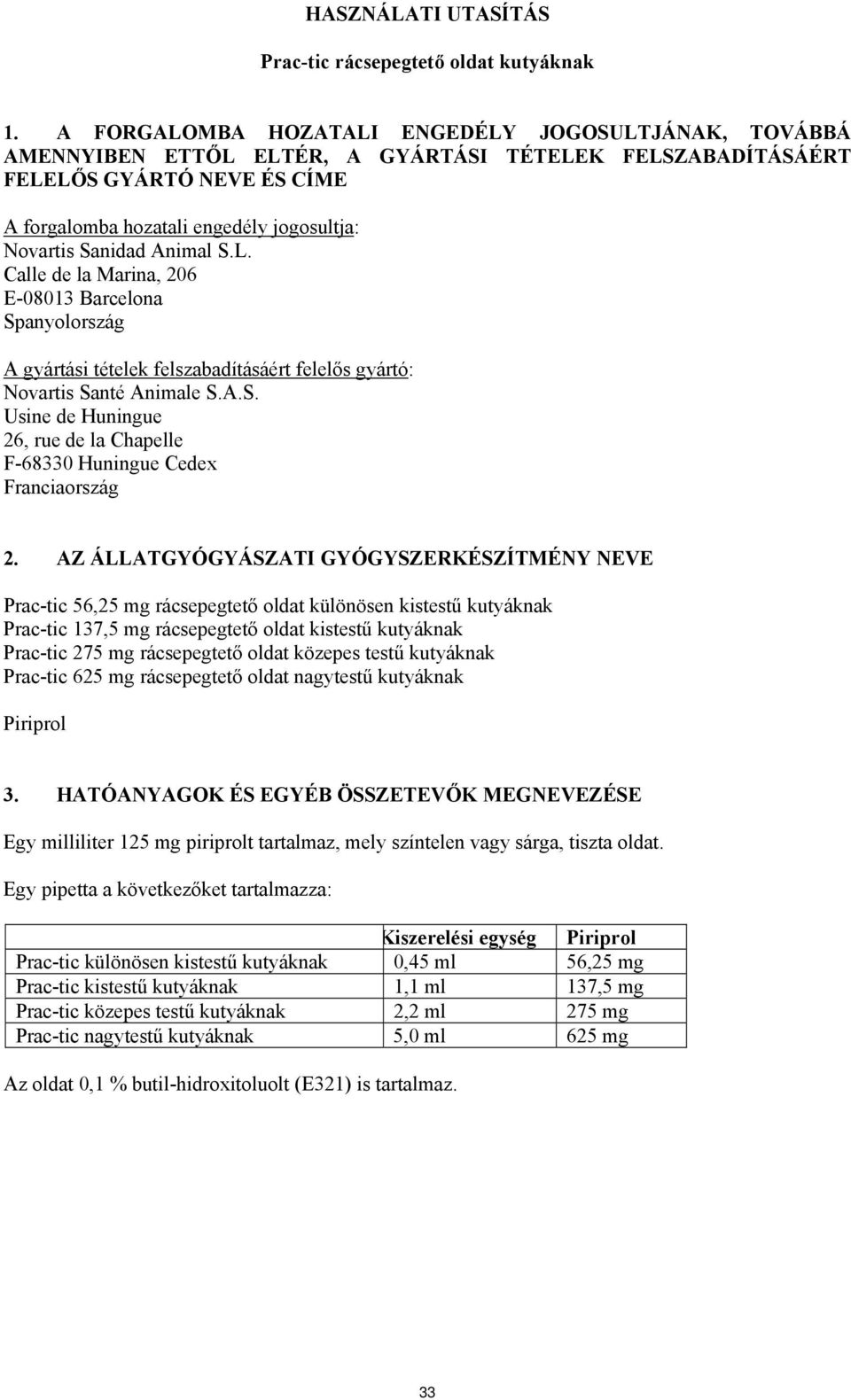 Sanidad Animal S.L. Calle de la Marina, 206 E-08013 Barcelona Spanyolország A gyártási tételek felszabadításáért felelős gyártó: Novartis Santé Animale S.A.S. Usine de Huningue 26, rue de la Chapelle F-68330 Huningue Cedex Franciaország 2.