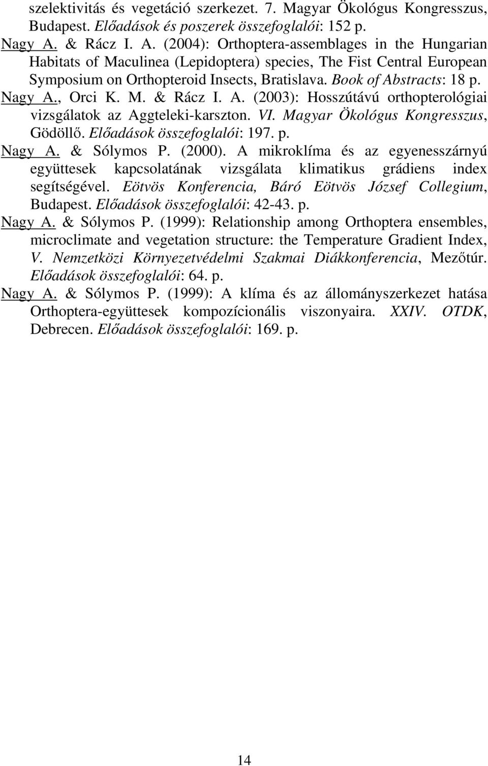 Book of Abstracts: 18 p. Nagy A., Orci K. M. & Rácz I. A. (2003): Hosszútávú orthopterológiai vizsgálatok az Aggteleki-karszton. VI. Magyar Ökológus Kongresszus, Gödöllő. Előadások összefoglalói: 197.