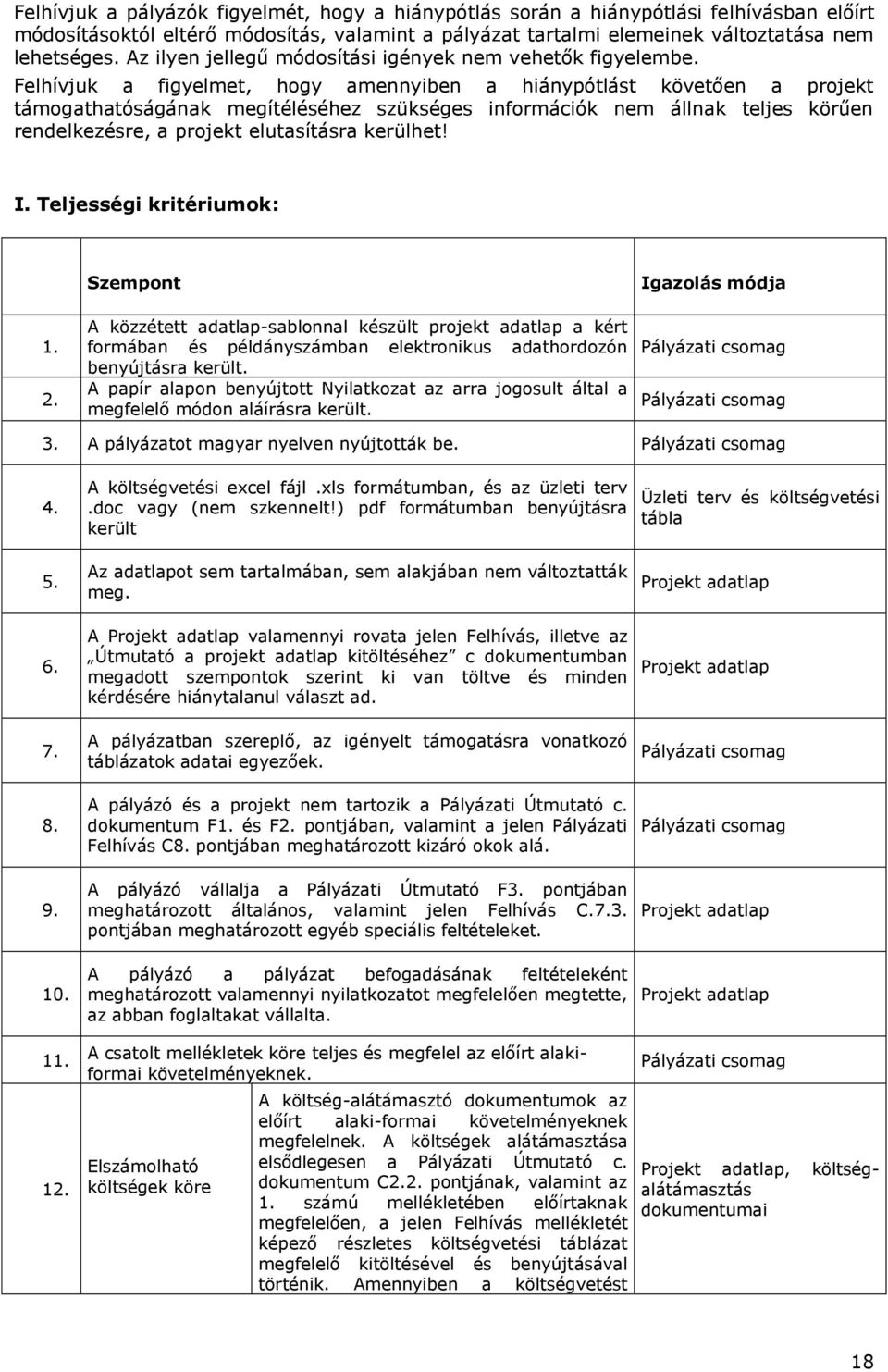 Felhívjuk a figyelmet, hogy amennyiben a hiánypótlást követően a projekt támogathatóságának megítéléséhez szükséges információk nem állnak teljes körűen rendelkezésre, a projekt elutasításra kerülhet!