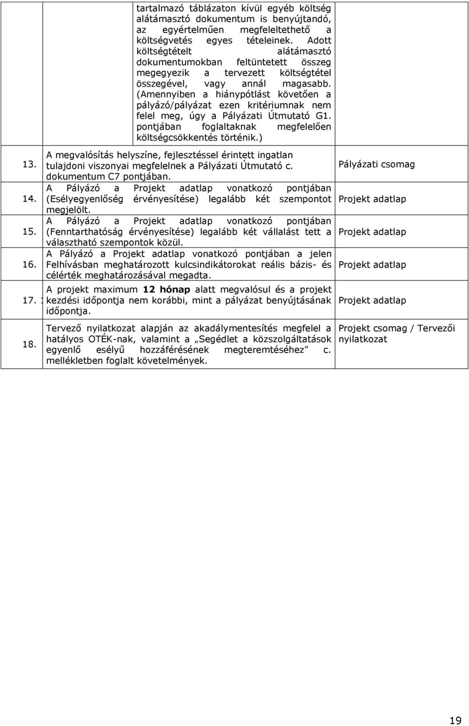 (Amennyiben a hiánypótlást követően a pályázó/pályázat ezen kritériumnak nem felel meg, úgy a Pályázati Útmutató G1. pontjában foglaltaknak megfelelően költségcsökkentés történik.