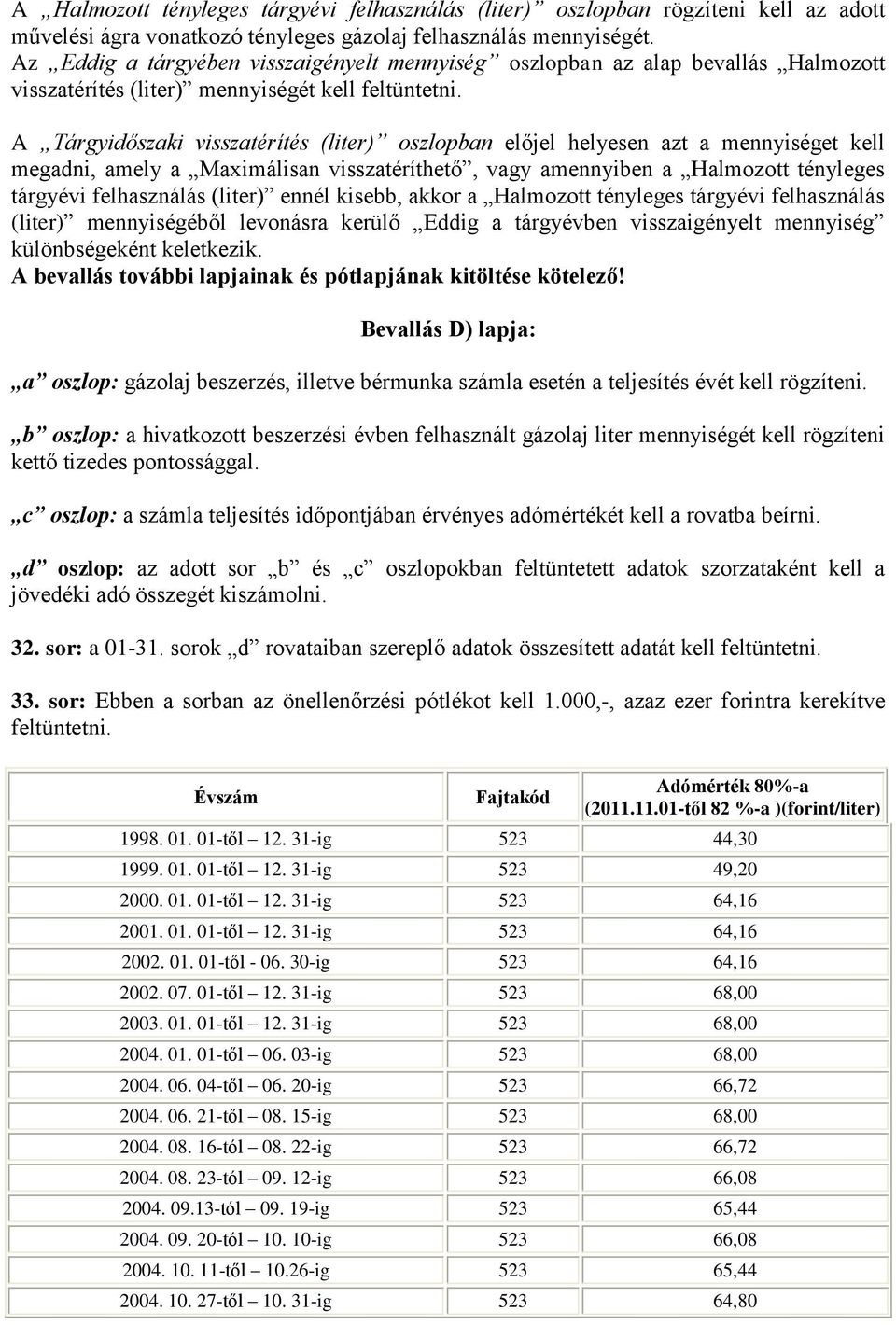 A Tárgyidőszaki visszatérítés (liter) oszlopban előjel helyesen azt a mennyiséget kell megadni, amely a Maximálisan visszatéríthető, vagy amennyiben a Halmozott tényleges tárgyévi felhasználás