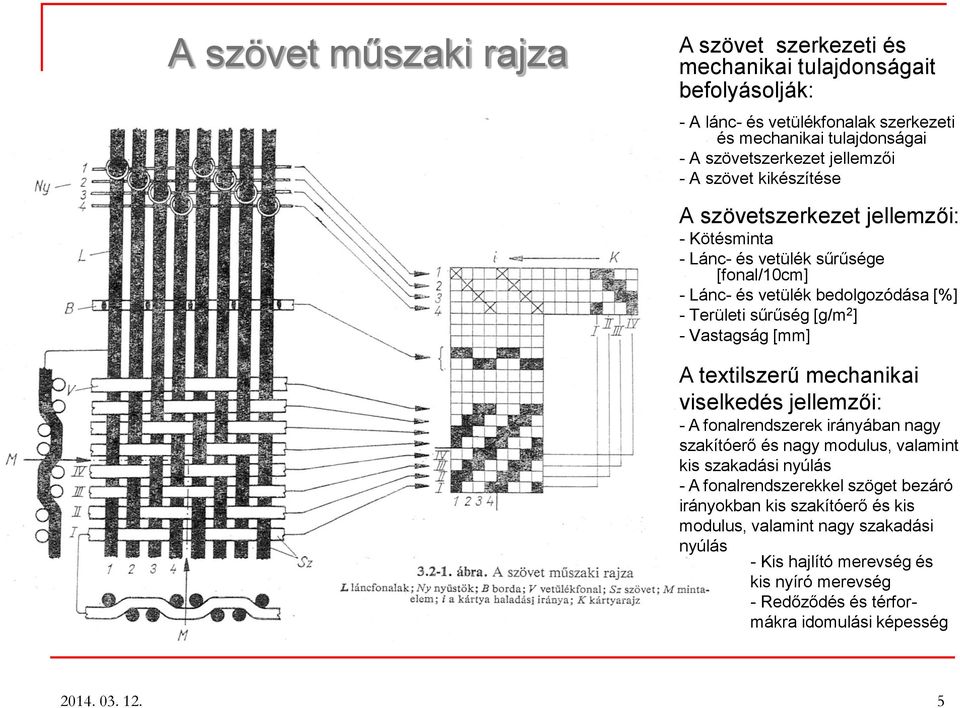 - Vastagság [mm] A textilszerű mechanikai viselkedés jellemzői: - A fonalrendszerek irányában nagy szakítóerő és nagy modulus, valamint kis szakadási nyúlás - A fonalrendszerekkel