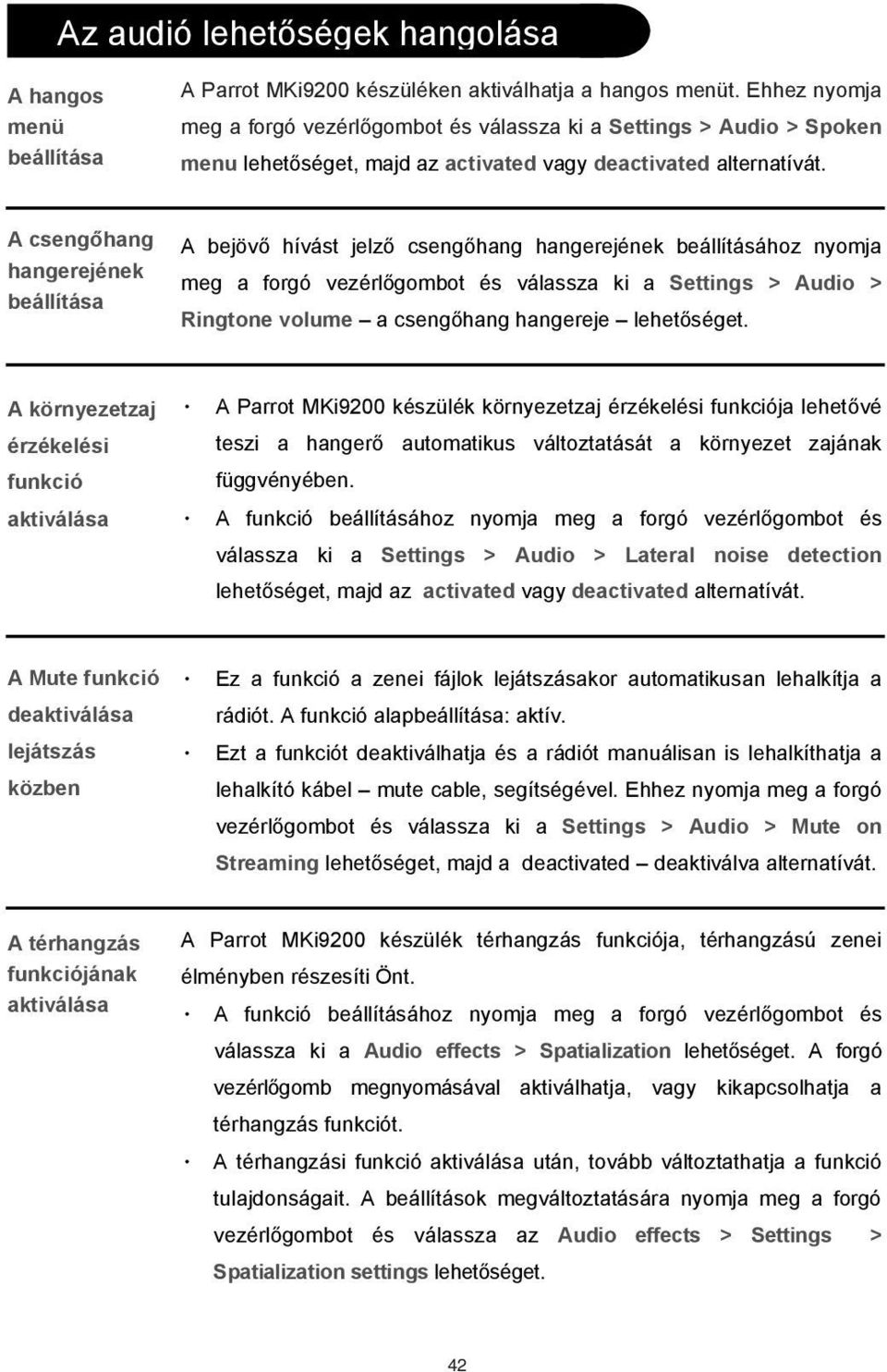 A cseng hang hangerejének beállítása A bejöv hívást jelz cseng hang hangerejének beállításához nyomja meg a forgó vezérl gombot és válassza ki a Settings > Audio > Ringtone volume a cseng hang