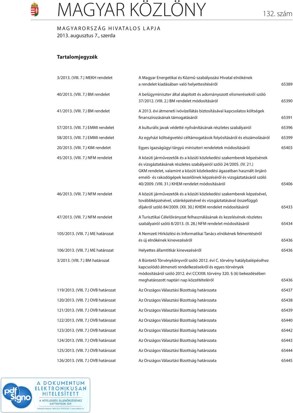 (VIII. 2.) BM rendelet módosításáról 65390 41/2013. (VIII. 7.) BM rendelet A 2013. évi átmeneti ivóvízellátás biztosításával kapcsolatos költségek finanszírozásának támogatásáról 65391 57/2013. (VIII. 7.) EMMI rendelet A kulturális javak védetté nyilvánításának részletes szabályairól 65396 58/2013.