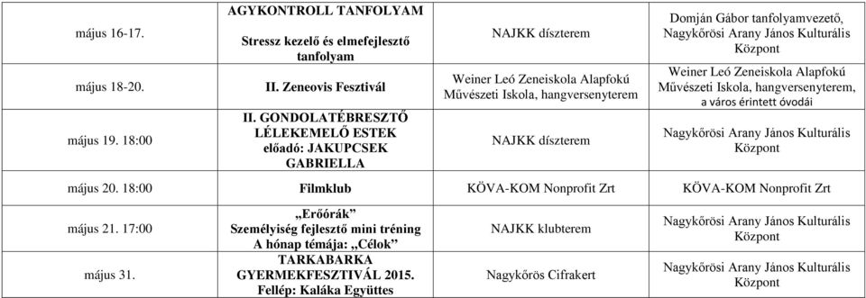 város érintett óvodái május 20. 18:00 Filmklub KÖVA-KOM Nonprofit Zrt KÖVA-KOM Nonprofit Zrt május 21. 17:00 május 31.