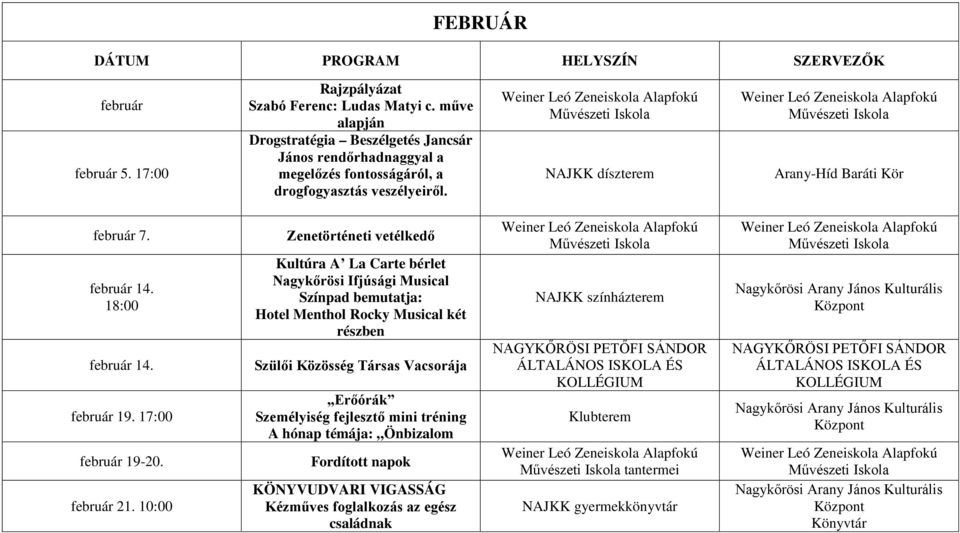 18:00 február 14. február 19. 17:00 február 19-20. február 21.