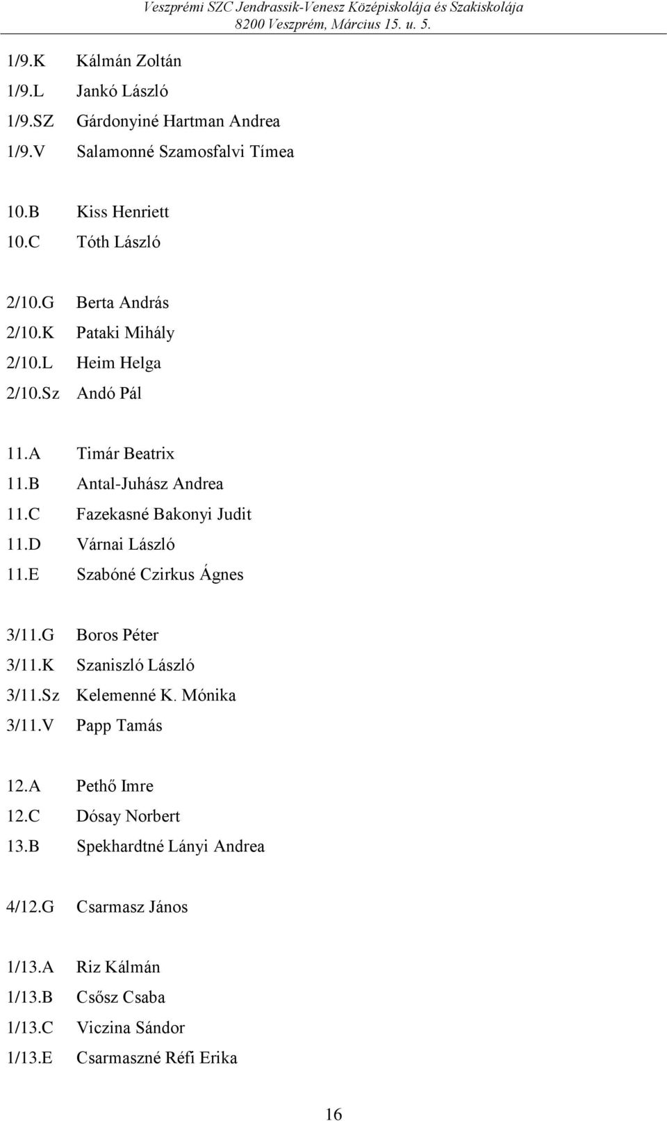 D Várnai László 11.E Szabóné Czirkus Ágnes 3/11.G Boros Péter 3/11.K Szaniszló László 3/11.Sz Kelemenné K. Mónika 3/11.V Papp Tamás 12.A Pethő Imre 12.