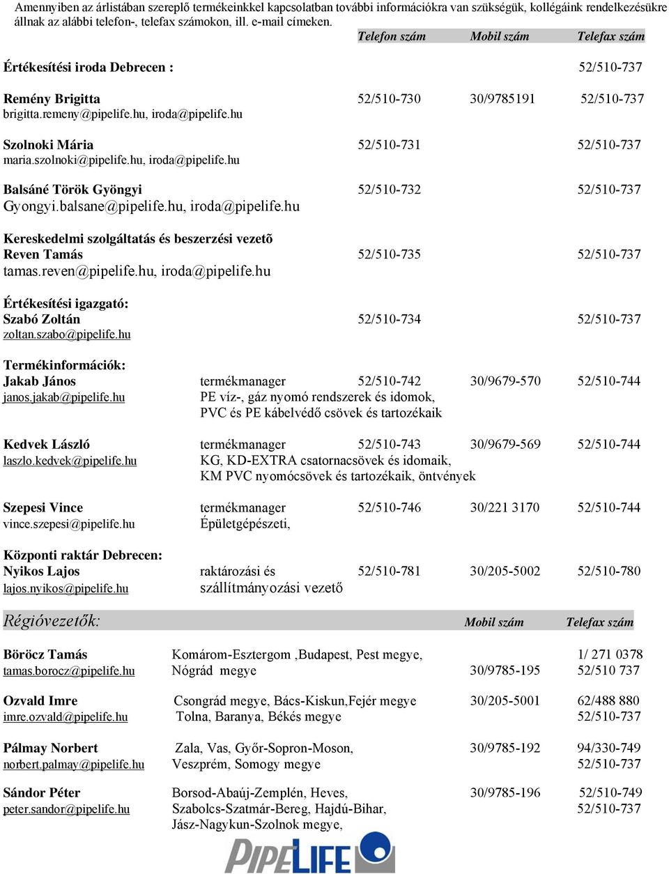 hu Szolnoki Mária 52/510-731 52/510-737 maria.szolnoki@pipelife.hu, iroda@pipelife.hu Balsáné Török Gyöngyi 52/510-732 52/510-737 Gyongyi.balsane@pipelife.hu, iroda@pipelife.hu Kereskedelmi szolgáltatás és beszerzési vezetõ Reven Tamás 52/510-735 52/510-737 tamas.