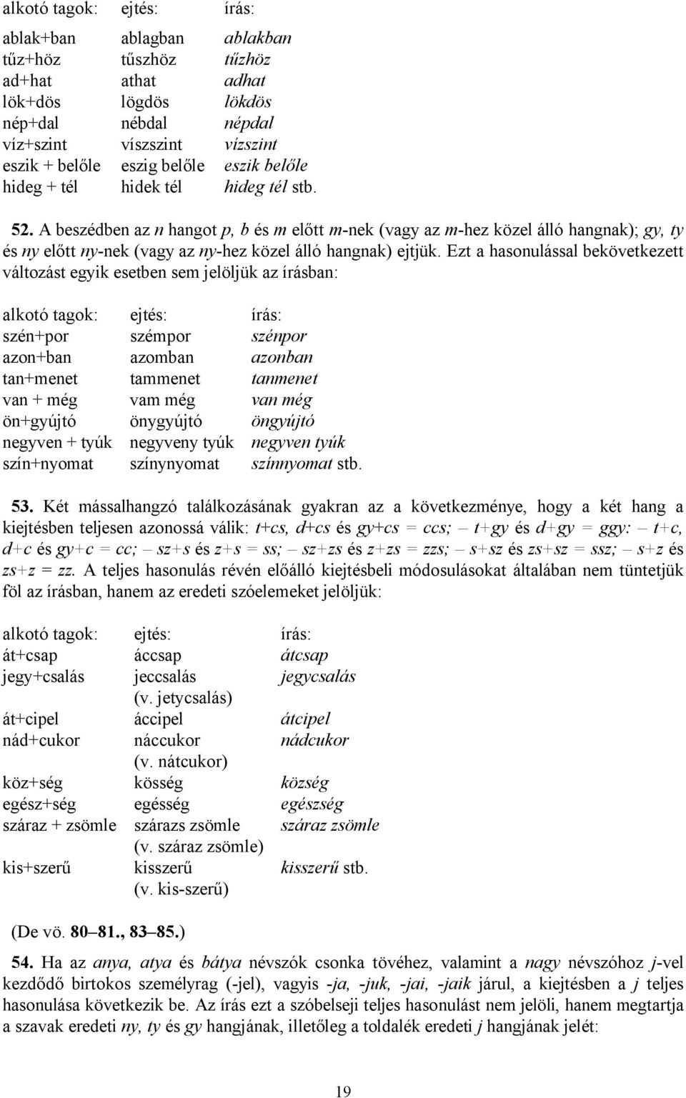 A beszédben az n hangot p, b és m előtt m-nek (vagy az m-hez közel álló hangnak); gy, ty és ny előtt ny-nek (vagy az ny-hez közel álló hangnak) ejtjük.