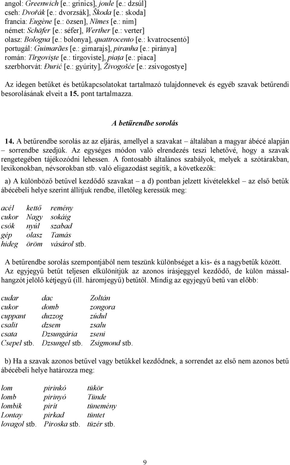 : piaca] szerbhorvát: Đurić [e.: gyúrity], Živogošće [e.: zsivogostye] Az idegen betűket és betűkapcsolatokat tartalmazó tulajdonnevek és egyéb szavak betűrendi besorolásának elveit a 15.
