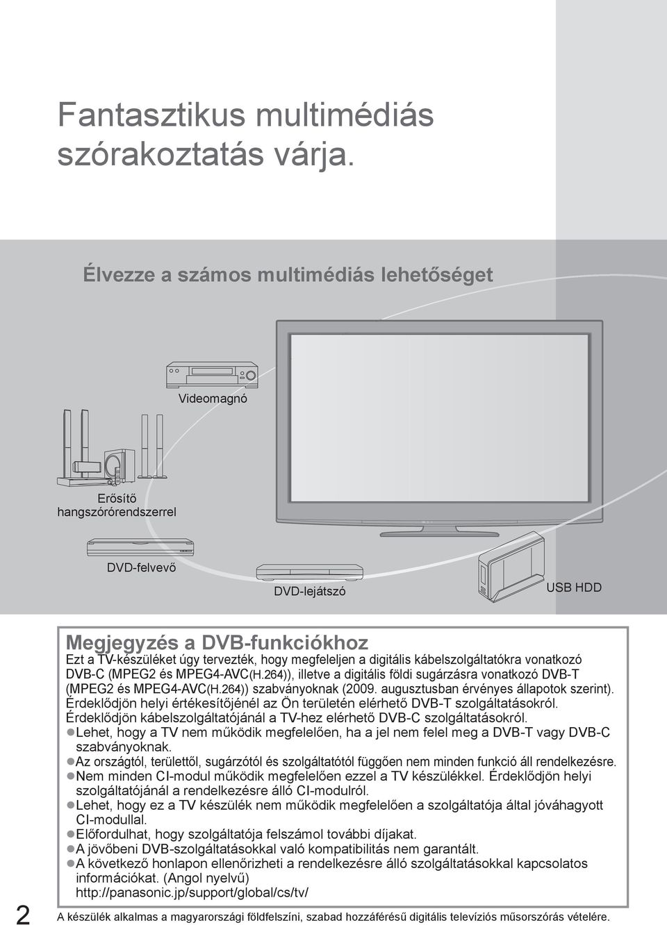 digitális kábelszolgáltatókra vonatkozó DVB-C (MPEG2 és MPEG4-AVC(H.264)), illetve a digitális földi sugárzásra vonatkozó DVB-T (MPEG2 és MPEG4-AVC(H.264)) szabványoknak (2009.