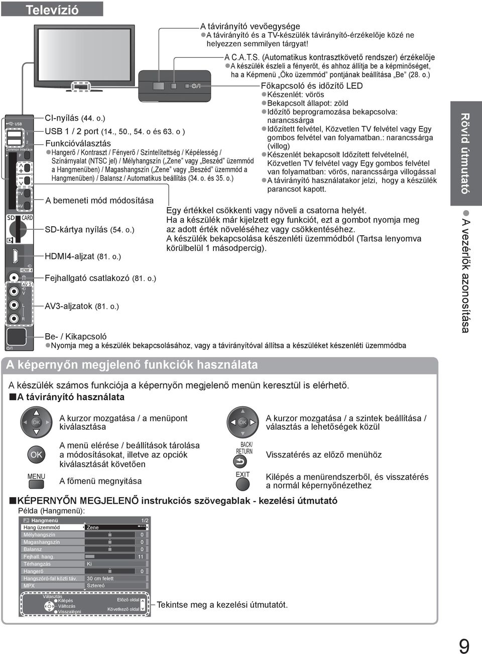 üzemmód a Hangmenüben) / Balansz / Automatikus beállítás (34. o. és 35. o.) A bemeneti mód módosítása SD-kártya nyílás (54. o.) HDMI4-aljzat (81. o.) Fejhallgató csatlakozó (81. o.) AV3-aljzatok (81.