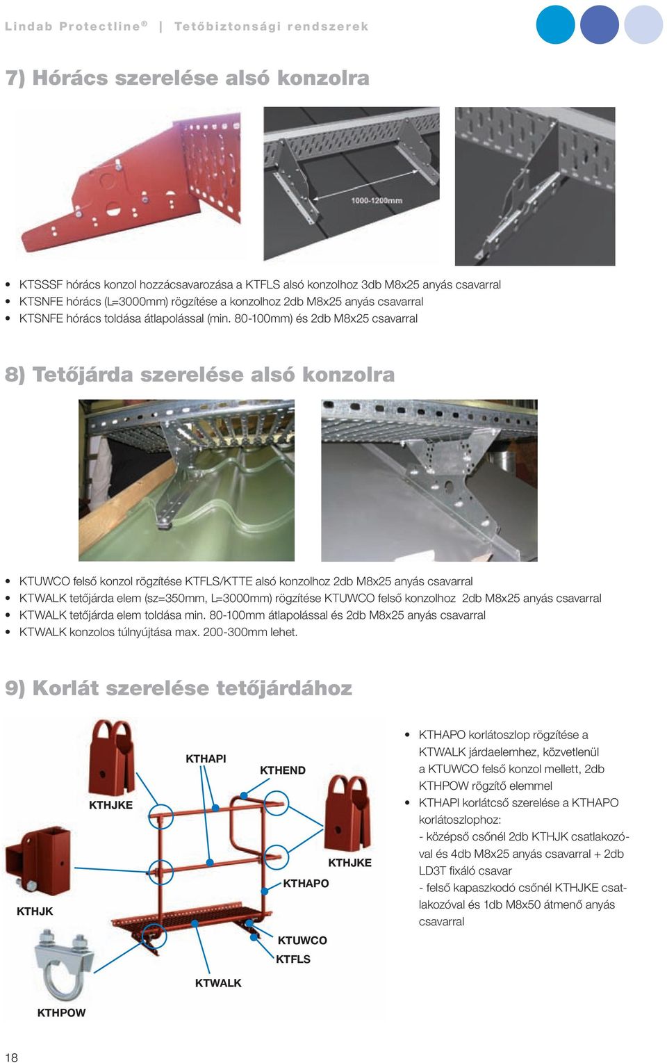 80-100mm) és 2db M8x25 csavarral 8) Tetőjárda szerelése alsó konzolra KTUWCO felső konzol rögzítése KTFLS/KTTE alsó konzolhoz 2db M8x25 anyás csavarral KTWALK tetőjárda elem (sz=350mm, L=3000mm)