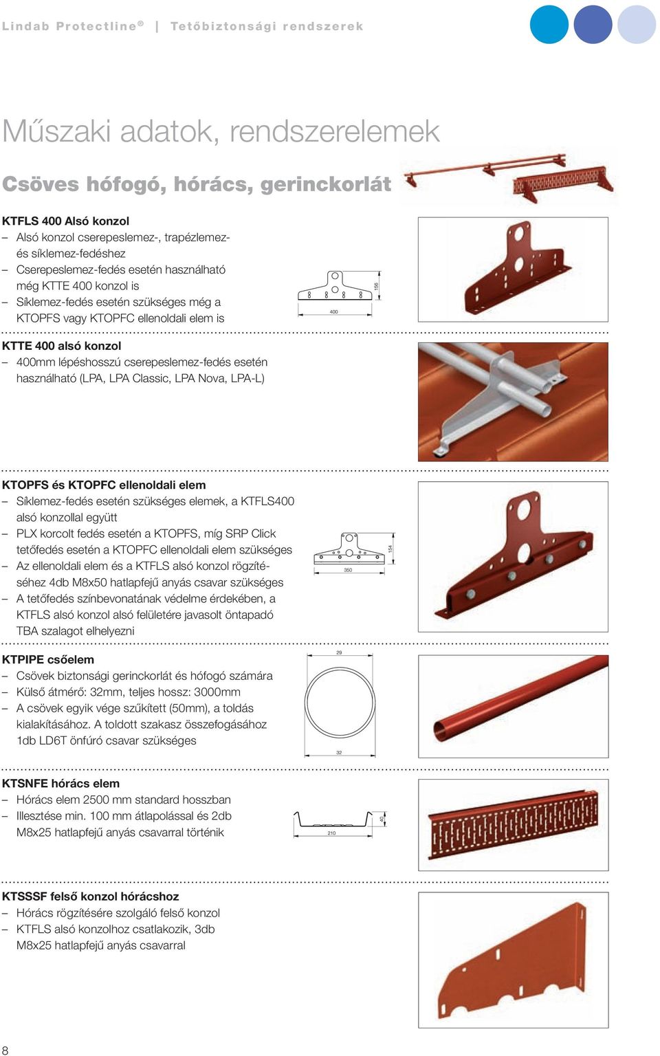 LPA-L) KTOPFS és KTOPFC ellenoldali elem Síklemez-fedés esetén szükséges elemek, a KTFLS400 alsó konzollal együtt PLX korcolt fedés esetén a KTOPFS, míg SRP Click tetőfedés esetén a KTOPFC